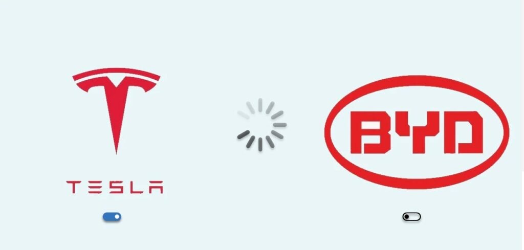 tesla and BYD logos on white background